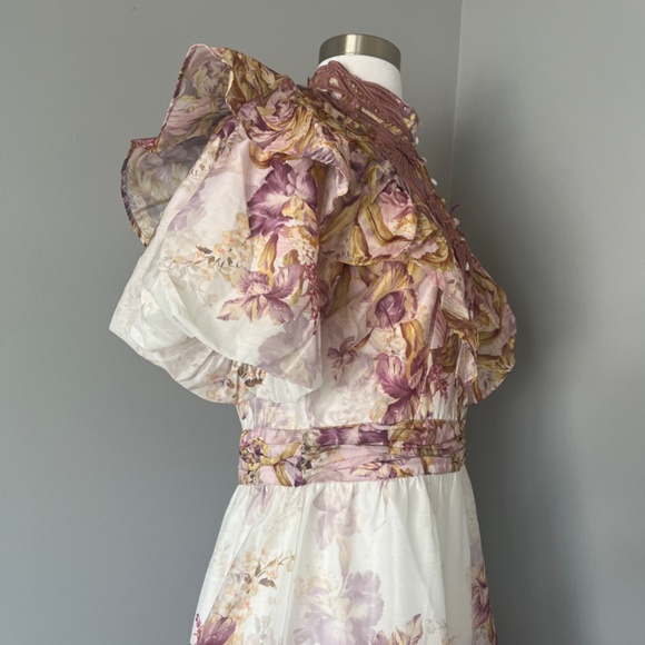 Karen Millen Floral Applique Crinkle Woven Cocktail Balloon Sleeves Mini Dress 8 - Picture 5 of 11